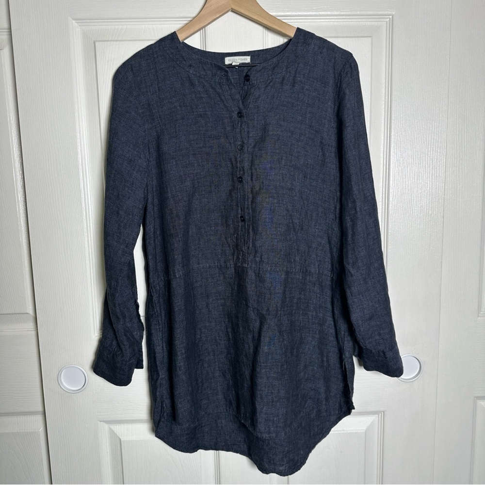 Eileen Fisher XS Tunic Slate Gray Charcoal Linen 3/4 Button Top Blouse Office